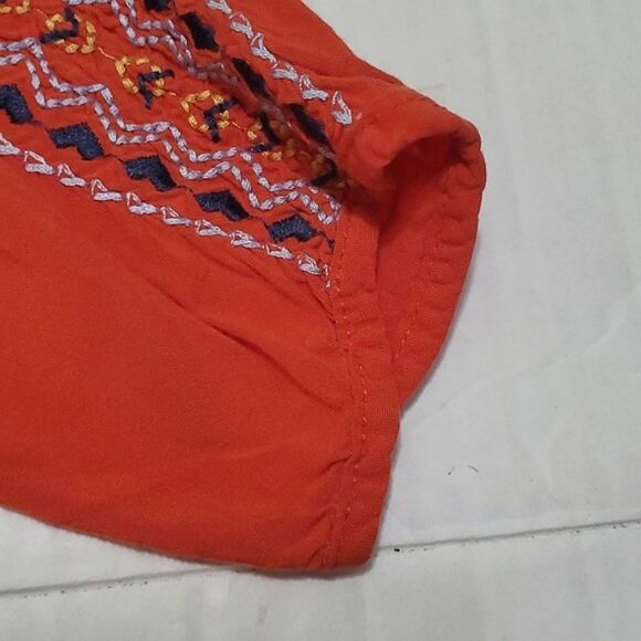 One World Red Orange Embroidered 3/4 Sleeves Boho Peasant Top - Picture 9 of 11